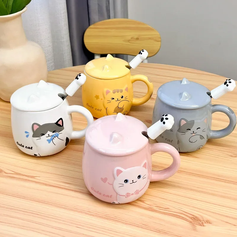 Cartoon Cat New Ceramic Mug With Lid And Spoon Office Water Cup Cute Ceramic Cup Student Cup Breakfast