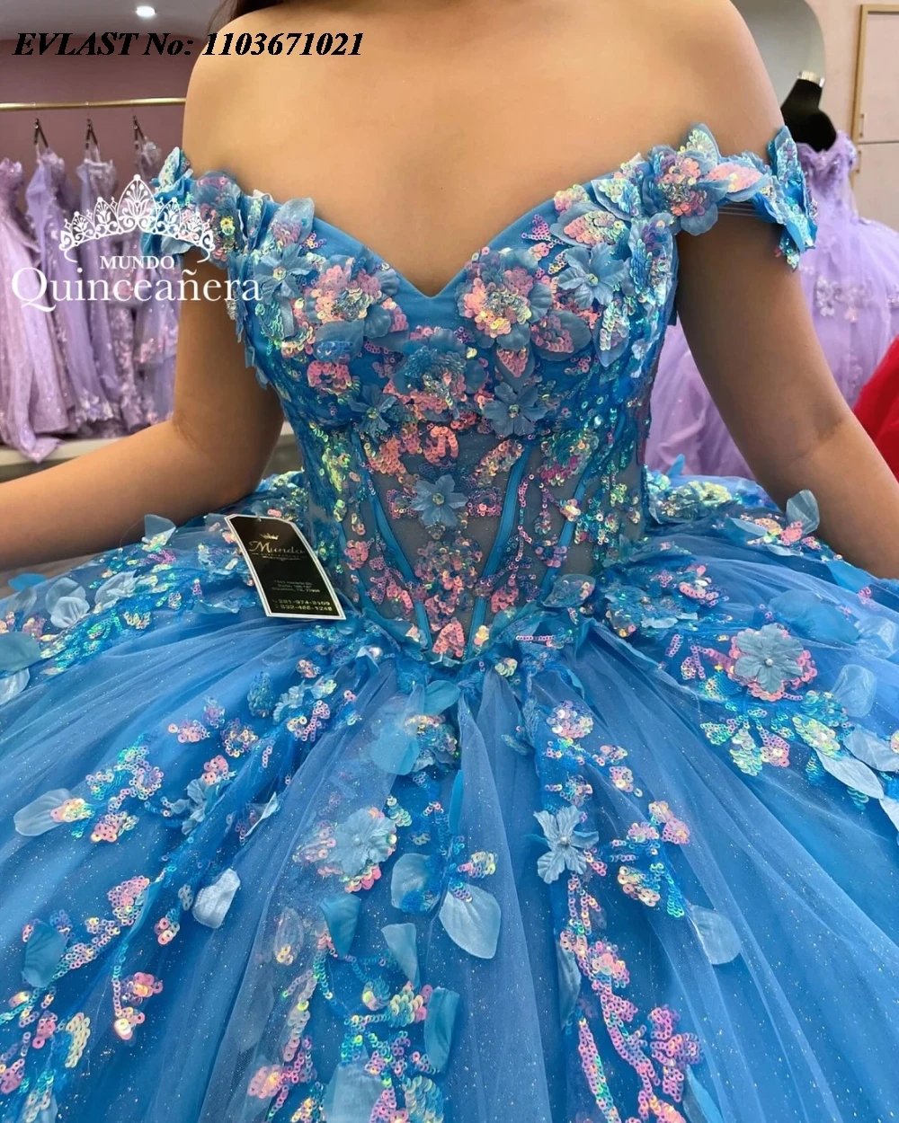 EVLAST Maßgeschneidertes blaues Quinceanera-Kleid, Ballkleid, glänzende Spitze, Perlenstickerei, Kristallkorsett, Sweet 16, Vestidos de 15 Anos SQ657