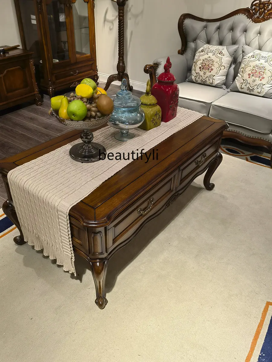 

American-Style Solid Wood Coffee Table Walnut Tea Table Long End Table with Drawer Tea Table Carved