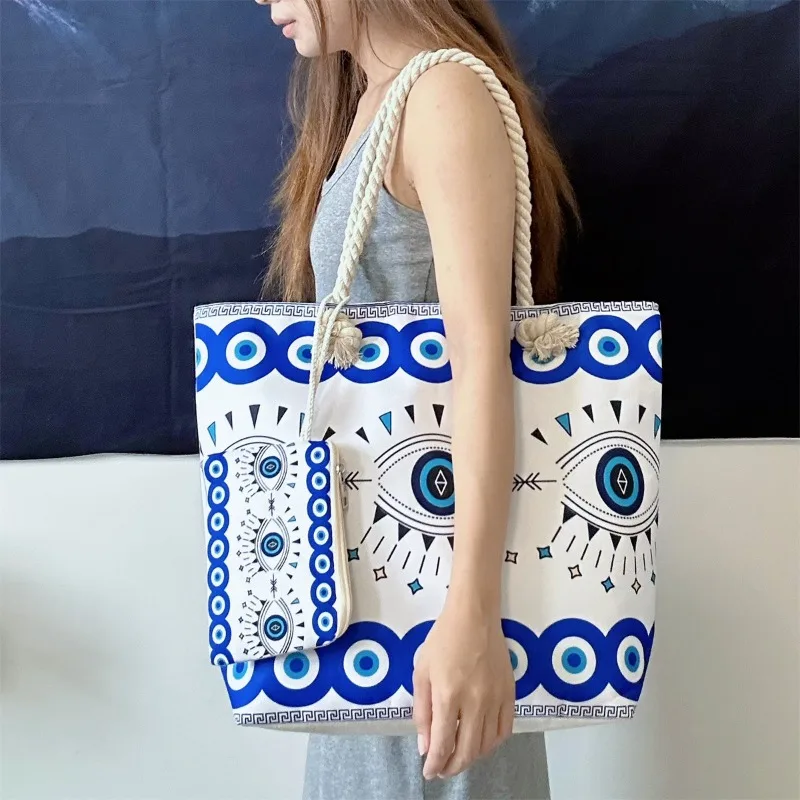 

Demon Eye Ladies Beach Bag Pure Cotton Handheld Large Capacity Canvas Bag Printable Logo Seaside Shoulder Bag 2pcs