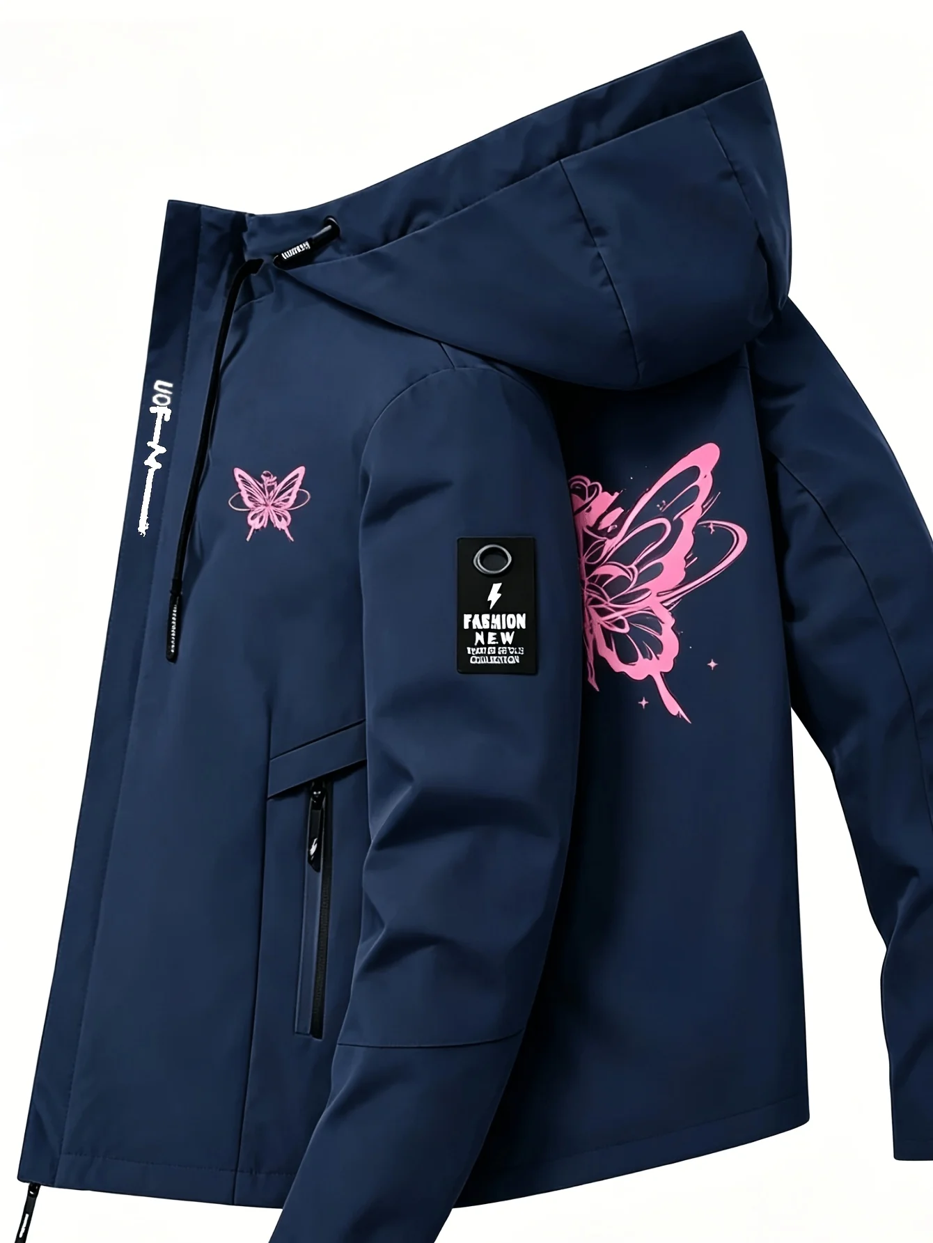 Trendy Pink Butterfly Print Hooded Jacket for Men and Women, Black and Navy Blue Dual Color Windproof Workwear Jacket,