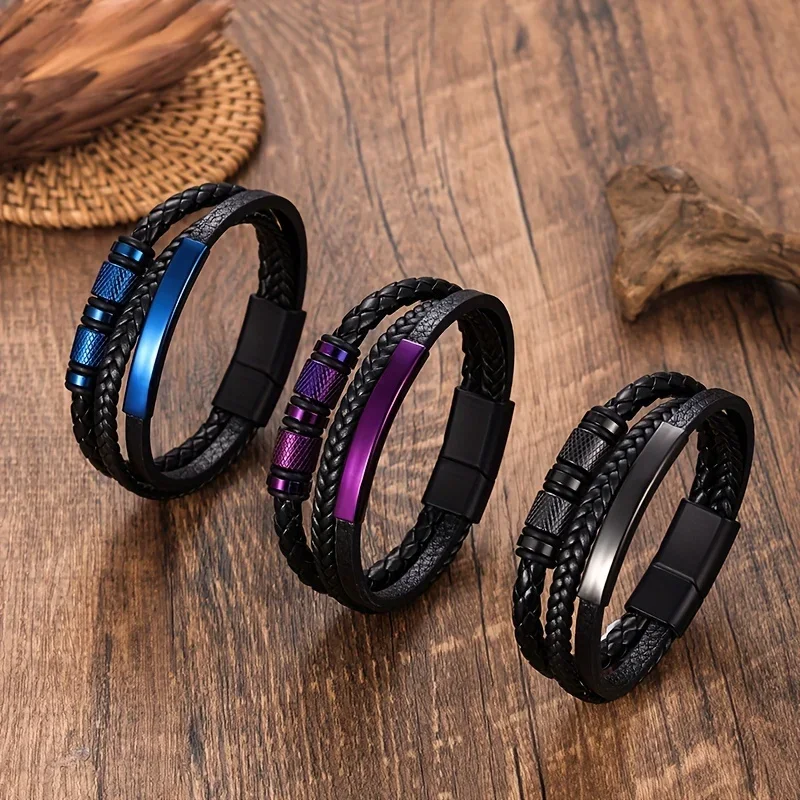 Pulsera de piel sintética tejida a mano para hombre: diseño de cierre magnético de acero inoxidable, accesorio estilo punk negro
