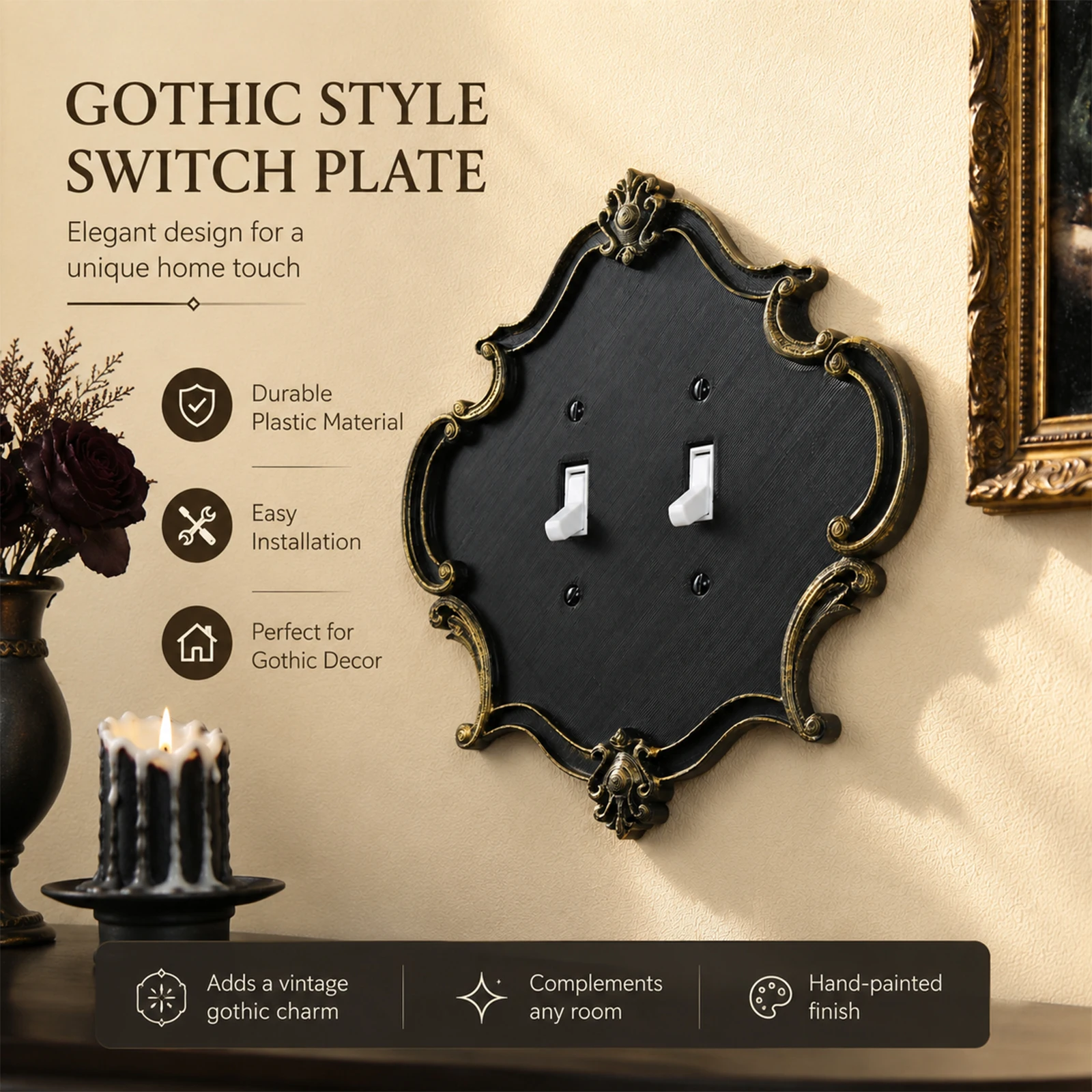 Cross-border Supply Vintage Gold Trim Double Toggle Carved Switch Plate Baroque Relief Resin Light Switch Cover Home Wall Decor