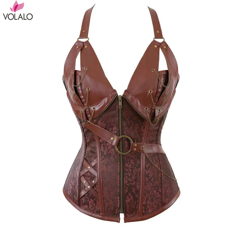 

VOLALO 2024 Women Steampunk Corset Faux Leather Burlesque Clubwear Lace Up Boned With Chains Gothic Carnival Clothing S-6XL