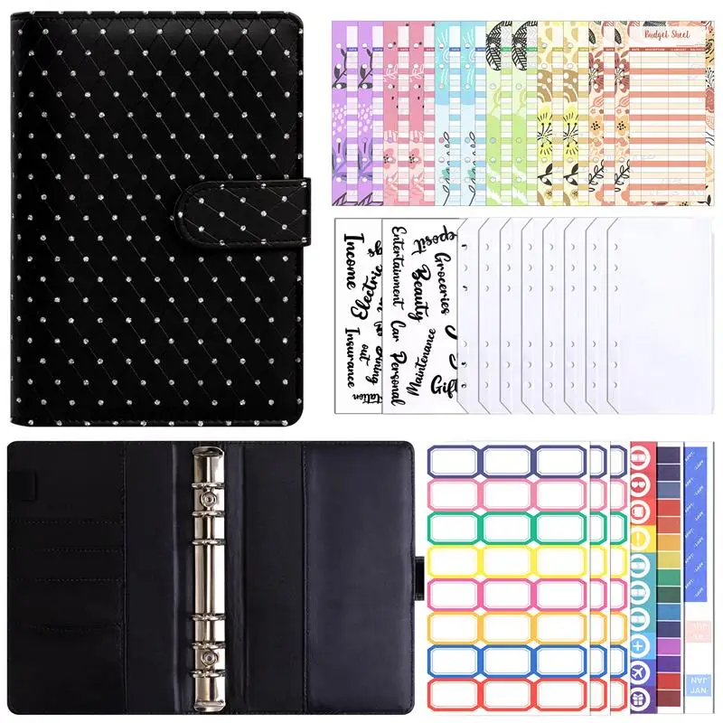 Budget Binder, A6 Diamond PU Leather Binder, Cash Envelopes, Expense Sheets, Challenge Tracker & Category Labels,for Home