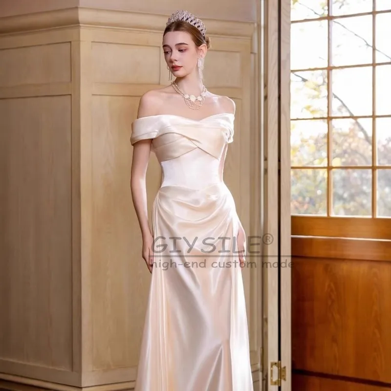 

GIYSILE Customized Satin Light Wedding Dress One-shoulder French Minimalist Yarn Slim Temperament White Party Dresses Trailing