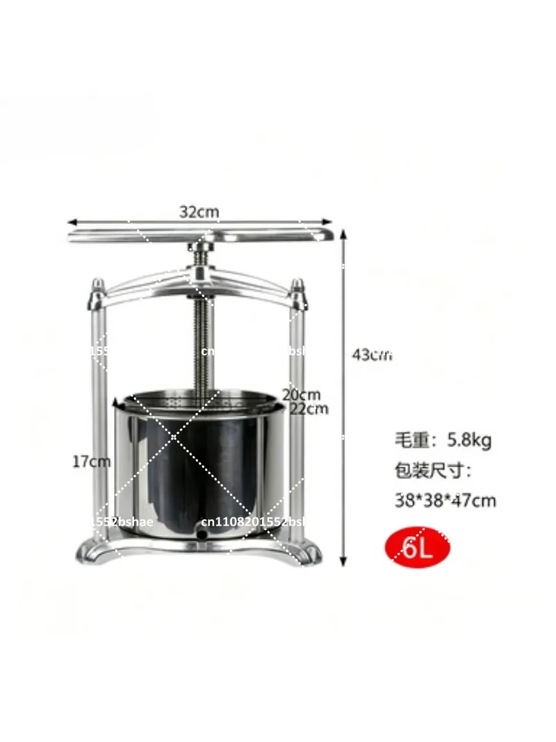 6L Manual Wine Press, 304 Stainless Steel Barrel & Aluminum Frame for Fruit, Vegetable, Cheese, and Juice Extraction