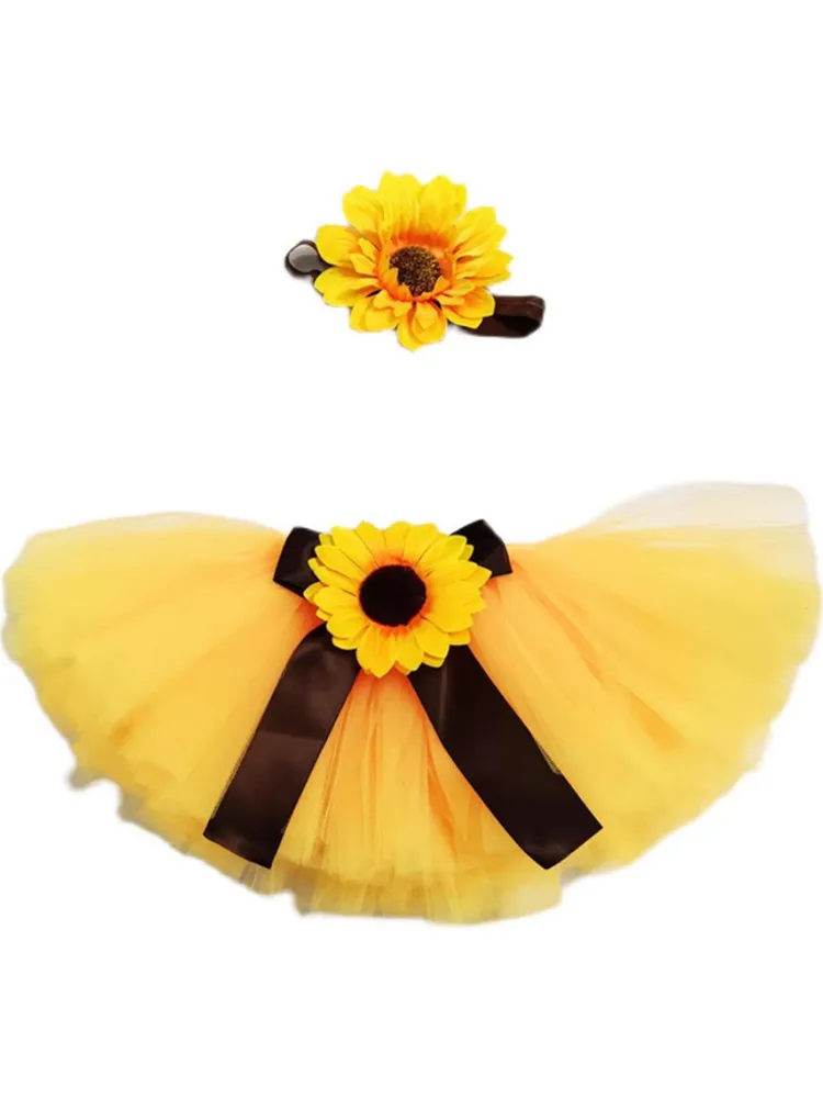 Baby Photography Unique Sunflower Design Adorable Newborn\'s Outfit Chinese Tutu Bow Skirt Flower Headdress for 0-1month