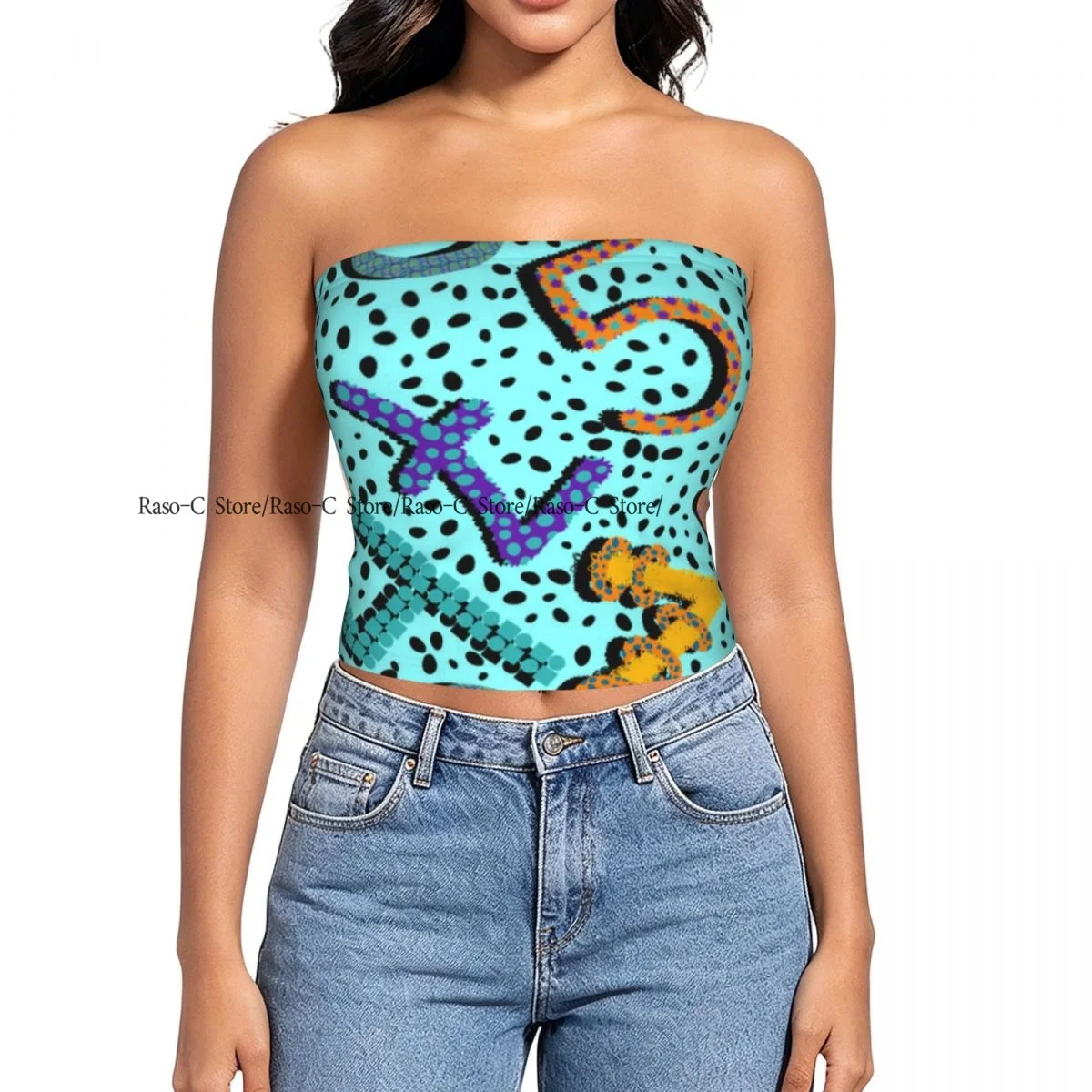 Strapless Sexy Tube Tops Summer Outfits Women Backless Shoulder Wrap Cartoon Numbers Pattern Female Crop Top