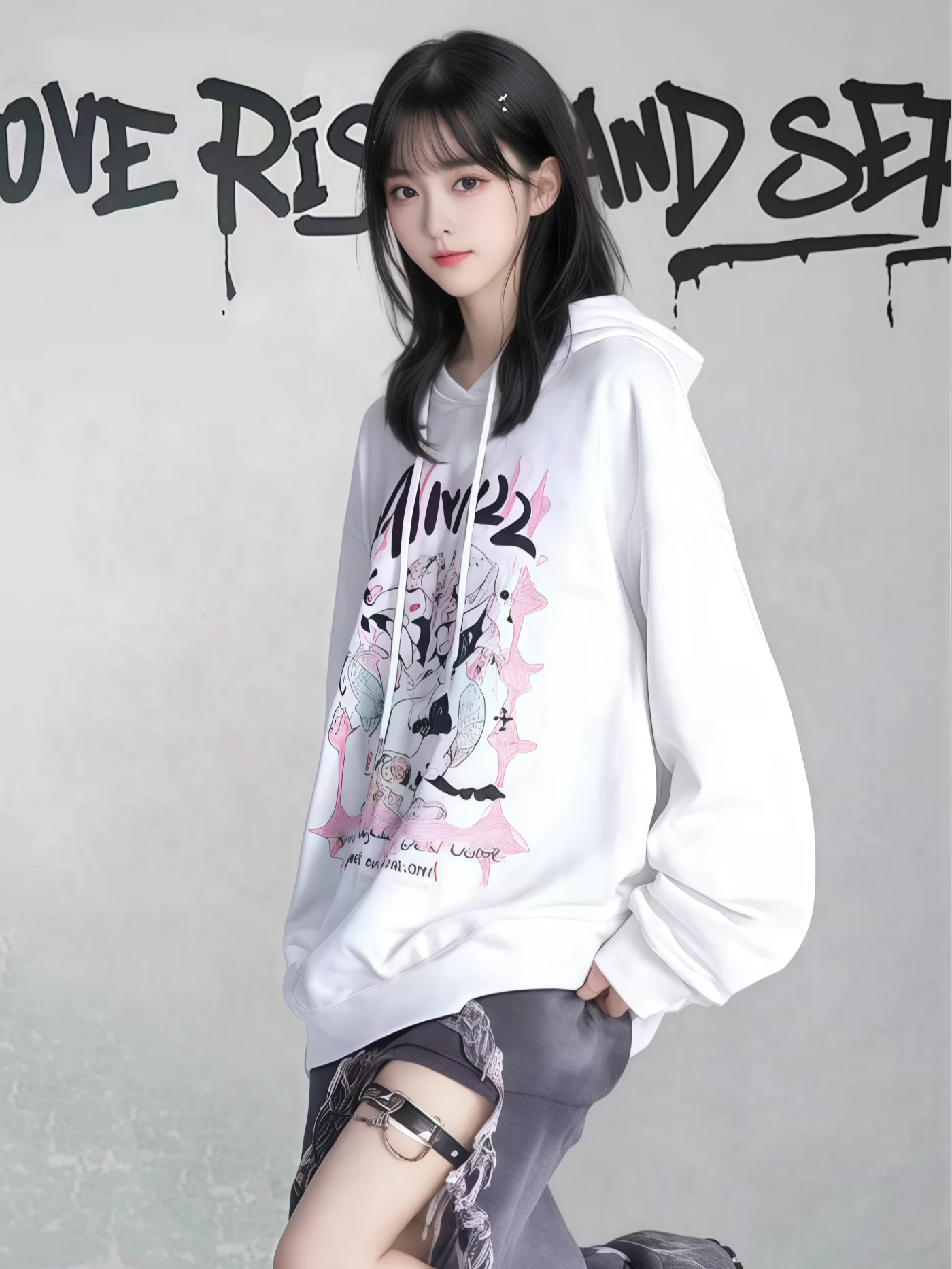 American Cartoon Print Oversized Anime Hoodies Lazy Casual Loose Versatile Long Sleeve Sweet Cool White Sweatshirts Women Autumn