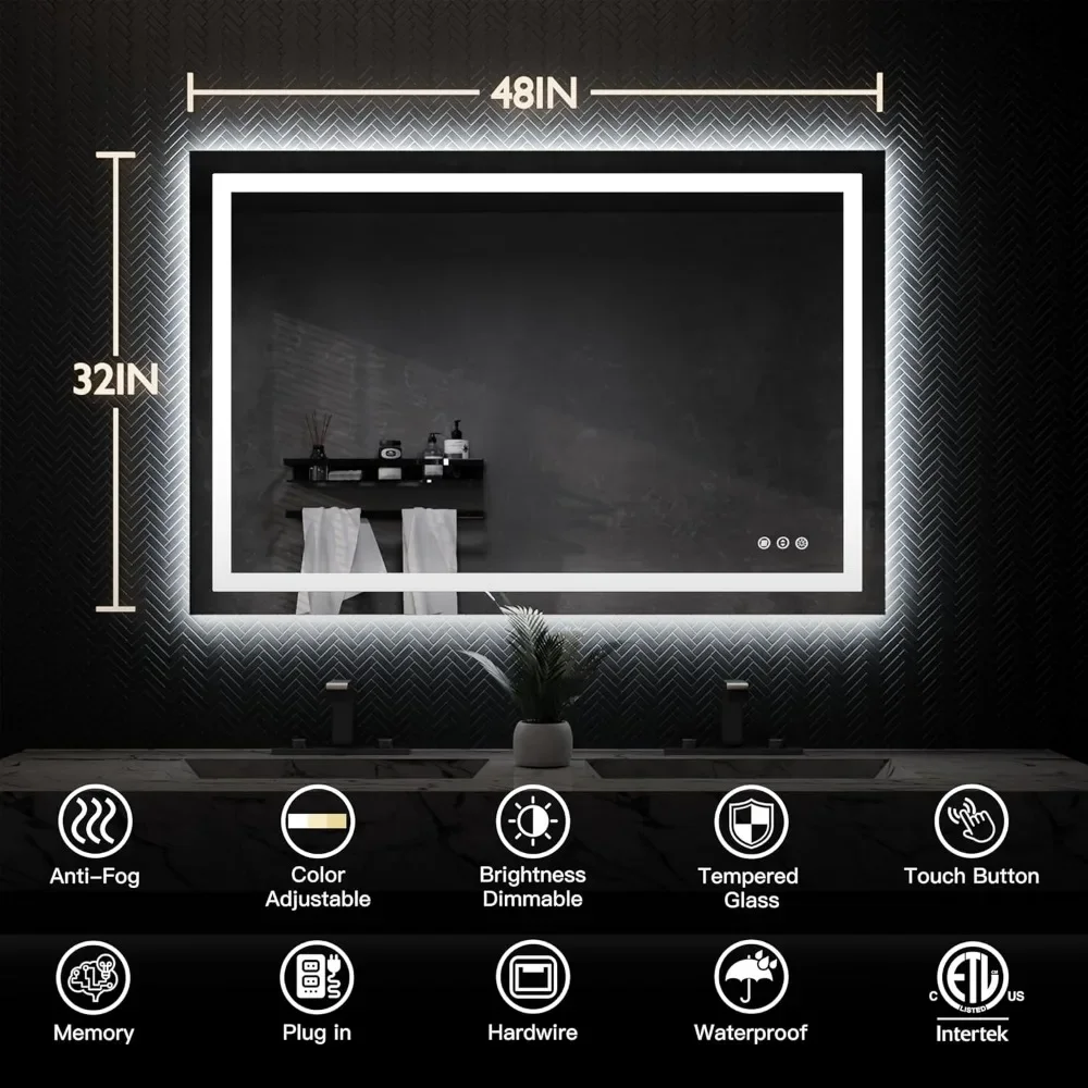 Imagem -05 - Led Dimmable Espelho do Banheiro com Tira de Luz Dupla Memória Anti-nevoeiro Vidro Temperado à Prova de Estilhaçar 48x32