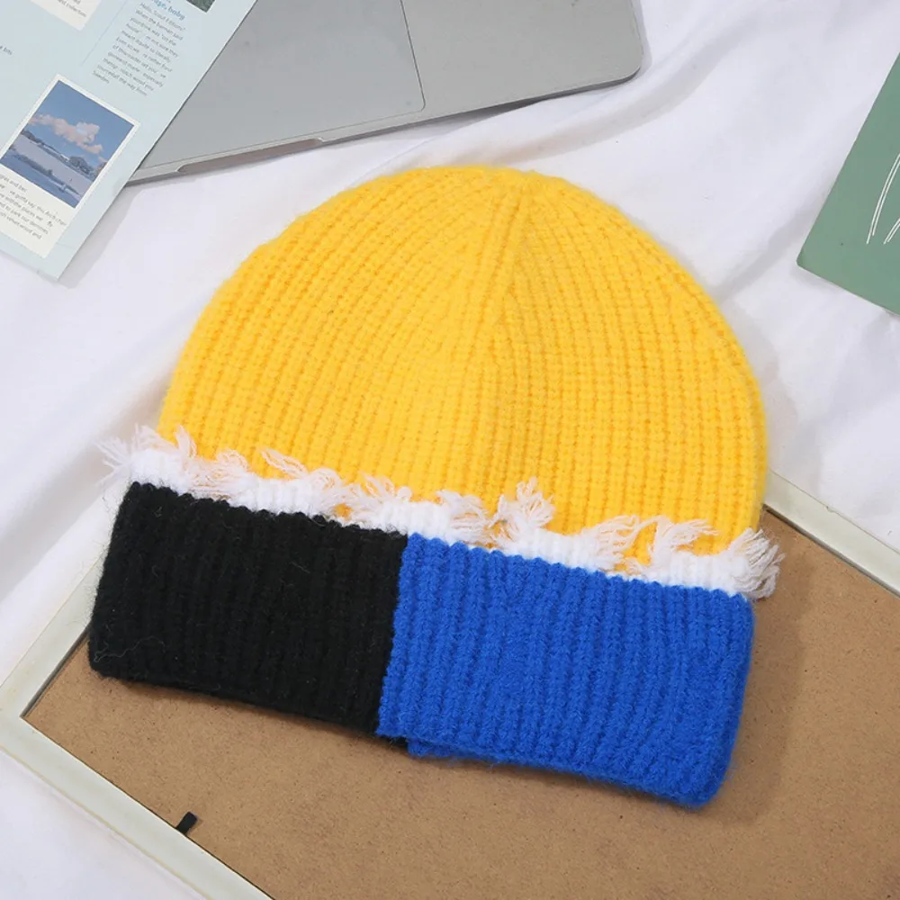 High Elasticity Patchwork Knit Beanie Hole Design Patchwork Style Beanie Hat Cold Weather Resistant Ear-Protecting Hat