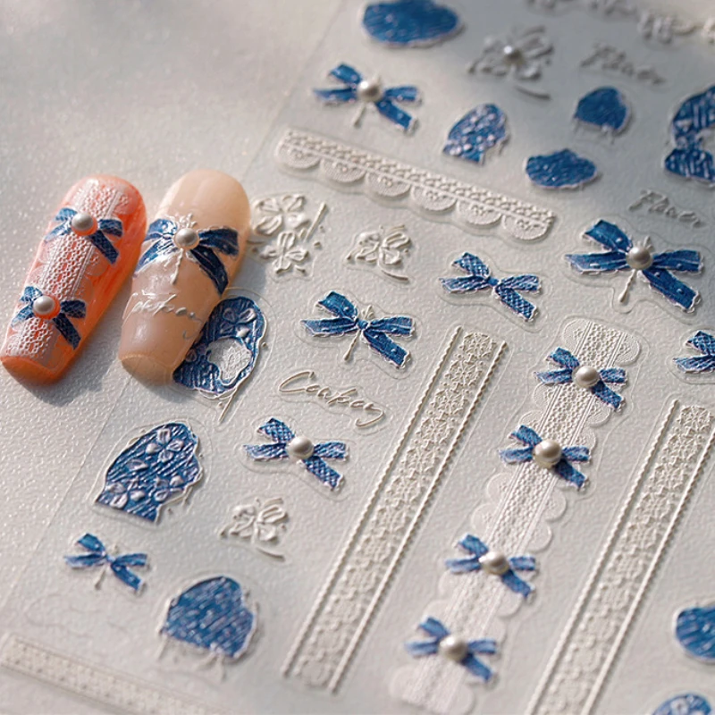 꽃 Bowknot 나비 레즈비언 레이스 Rockery 자갈 데님 색상 5D 양각 구호 접착제 네일 아트 스티커 매니큐어 데칼