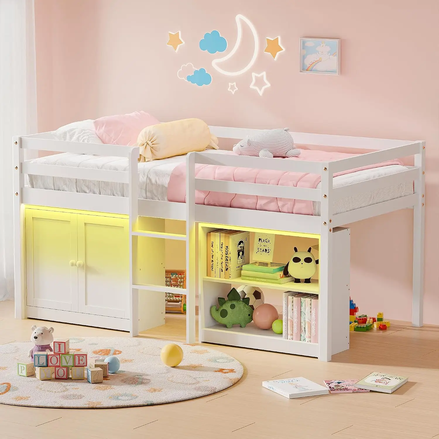 Twin Low Loft Bed with Multi-Color LED Lights, Solid Wood Twin Kids Bed Frame with 2 Portable Bookcases & Storage, Customized