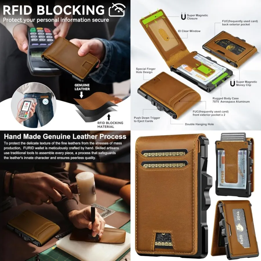 

Genuine Leather Wallet for Men: Slim RFID Minimalist Wallets with Money Clip - Smart Pop Up Credit Card Holder for Front Pocket
