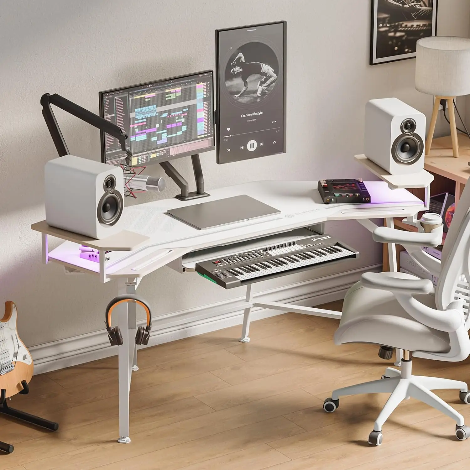 Gaming Computer Desk, 72 Inch Wing-Shaped, Keyboard Tray