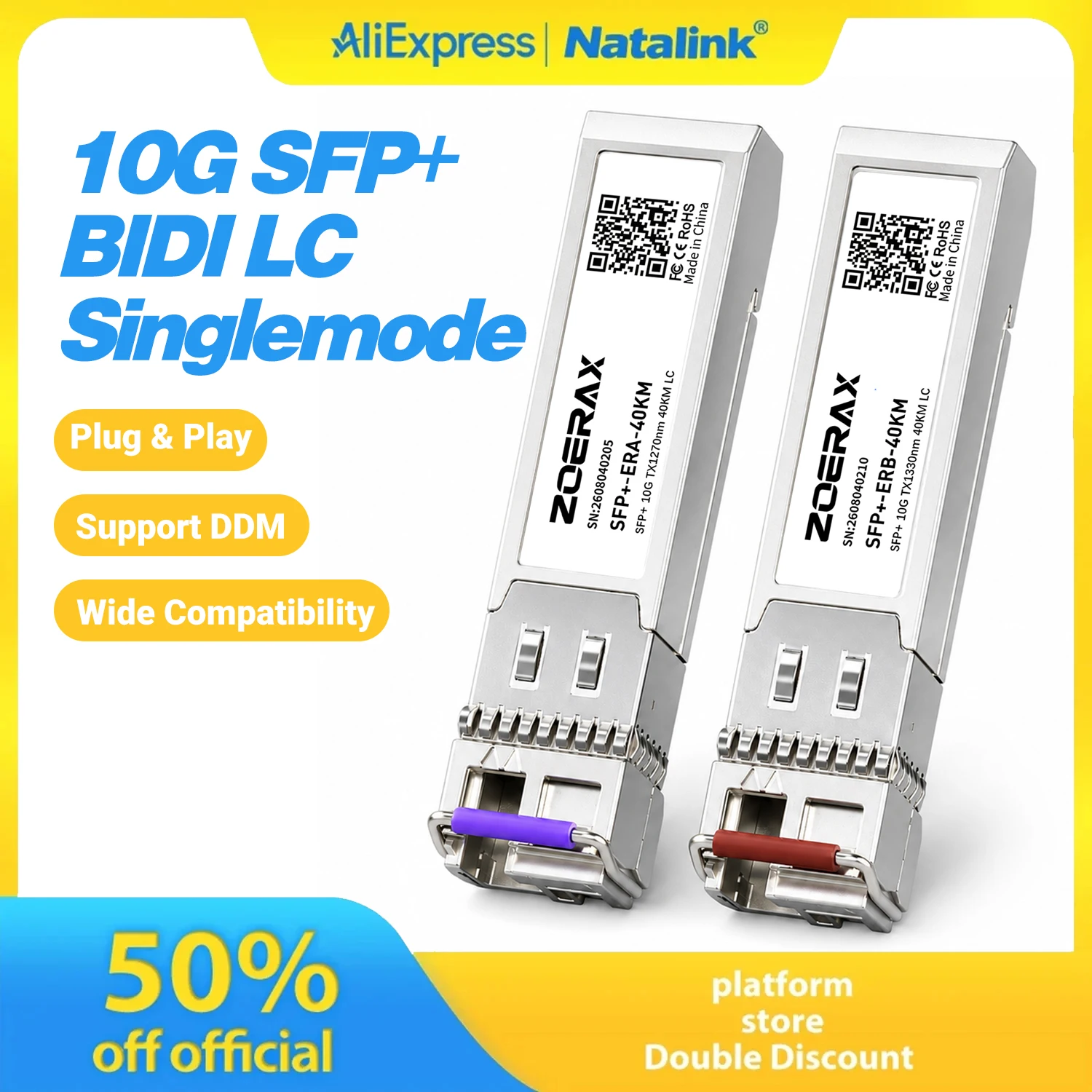 Natalink SFP+ 10G BIDI Optical Module Singlemode Simplex LC 1270/1330nm 40km Plug & Play Support DDM Hot‑swapping for Cisco