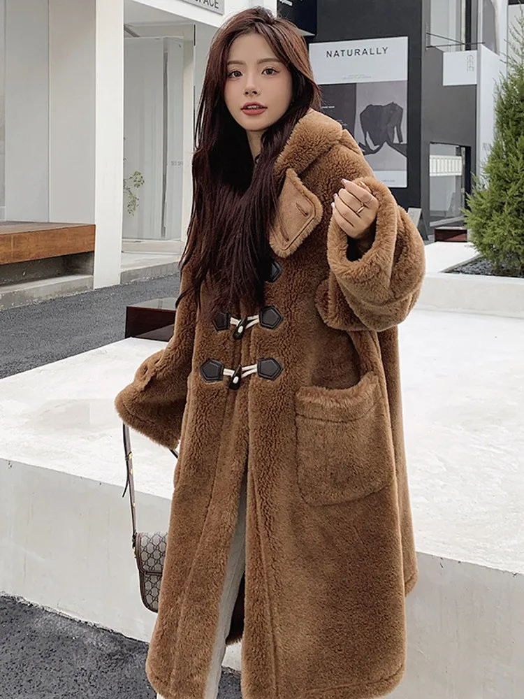 Winter Women Sheep Fur Overcoat Vintage Horn Button Loose Fit Long Real Wool Jacket Female Casual Hooded Oversize Wool Coats