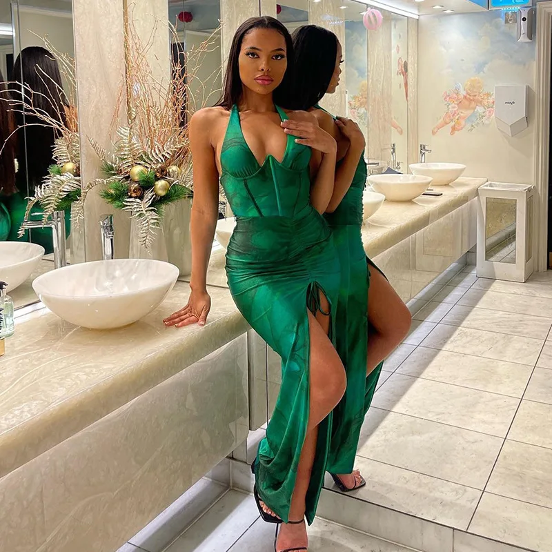 أزياء المرأة الأوروبية والأمريكية الصلبة اللون العميق الرسن الرقبة شق الخصر التخسيس Bodycon اللباس