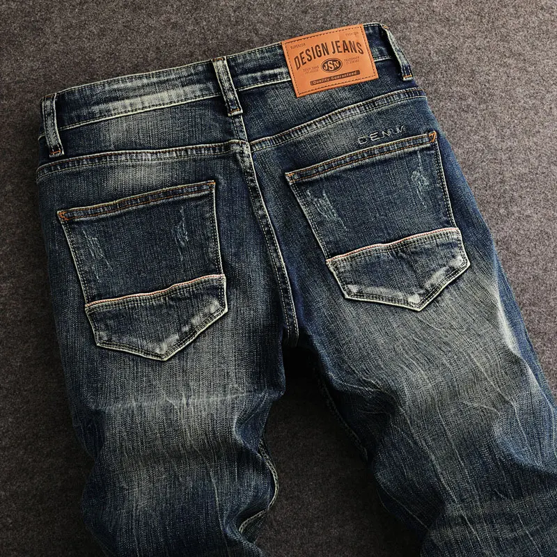 Fashion Vintage Men Jeans High Quality Retro Black Blue Stretch Slim Fit Ripped Jeans Men Embroidery Designer Trendy Denim Pants