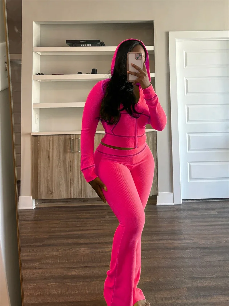 스트릿웨어 와플 2 피스 세트, 여성용 의상, 용수철 의류, 여성용 후드 크롭탑 플레어 바지 세트, 캐주얼 운동복 세트