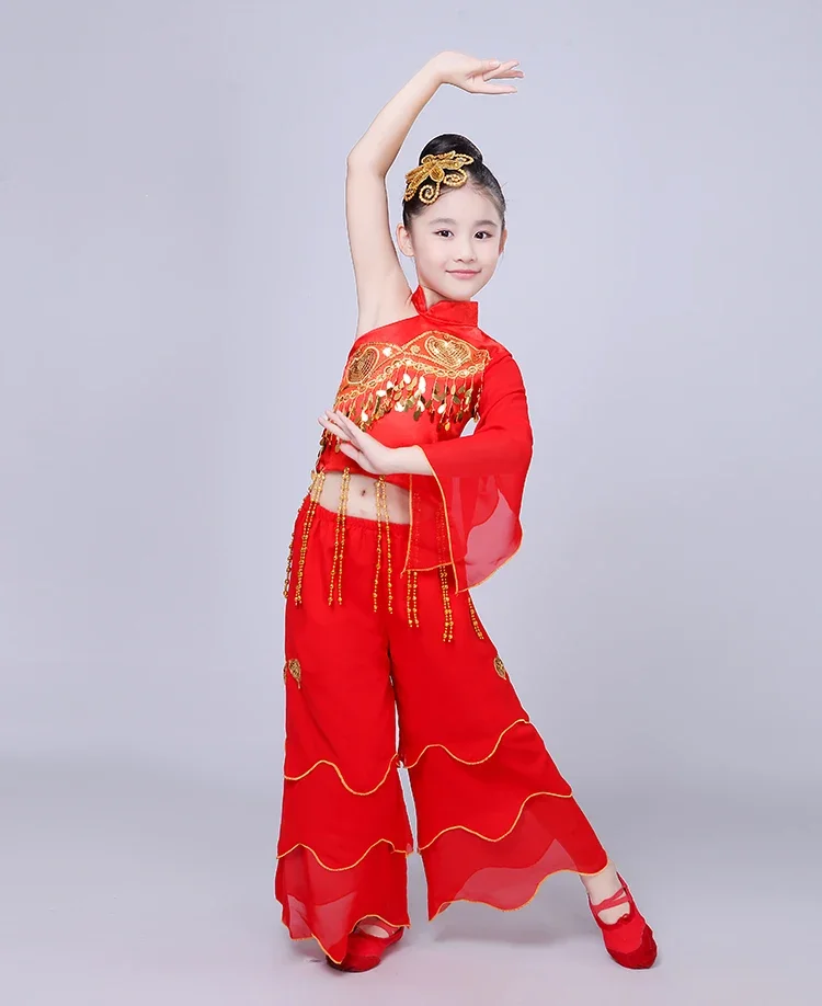 Traje de dança chinesa para crianças, fantasia de dança clássica para meninas, Fan Dance, Yangge, Joyful Ethnic, performance de palco