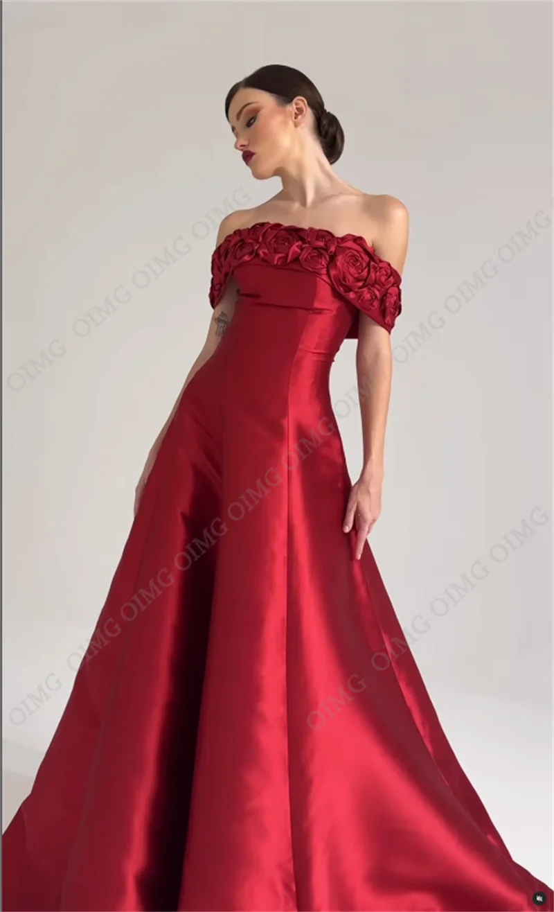 OIMG Red Flowers Long A Line Evening Dresses Prom Gowns Off Shoulder Strapless Vestidos Formal Event Night Party Gown Dress