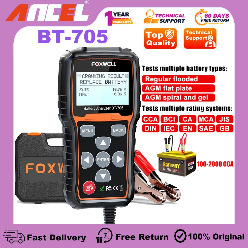 FOXWELL BT705 12v Car Battery Tester 24v Heavy Duty Truck Cranking Charging System Test Professional Battery Load Analyzer