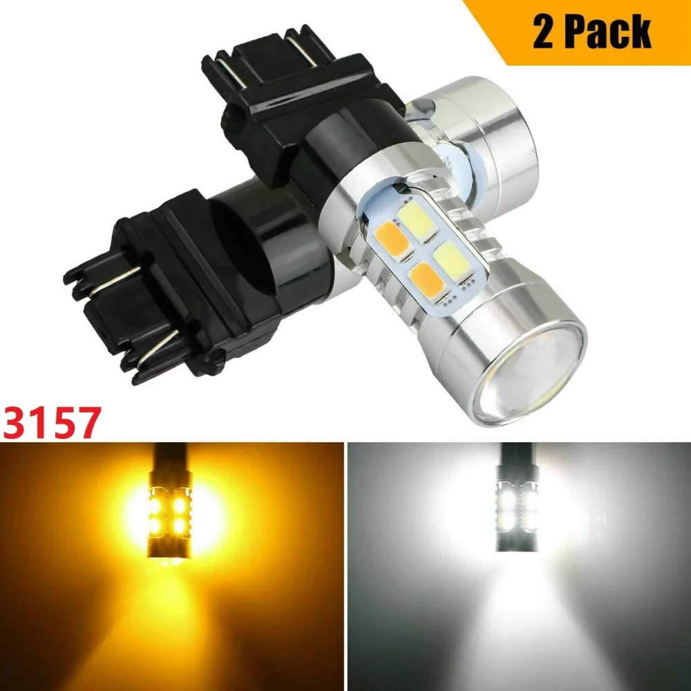 2PCS 3157 LED Switchback Light Bulbs Dual‑Color White/Amber 20‑SMD 5730 High‑Power DRL Turn Signal Parking Lamp