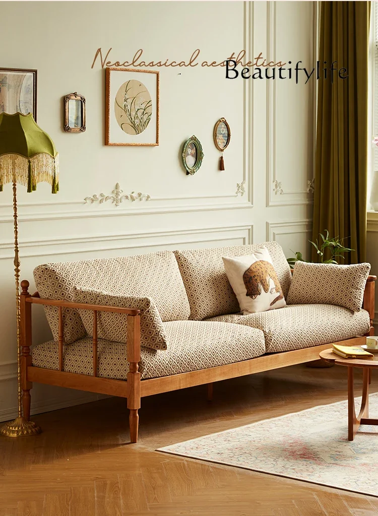 

Solid wood fabric sofa retro down British living room French medium and ancient style small apartment removable and washable