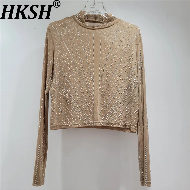 

HKSH T-shirt For Women Autumn New Heavy Craft Studded Diamodns Sheer Mesh Long Sleeve Elegant High Street Punk Style Top HK10867