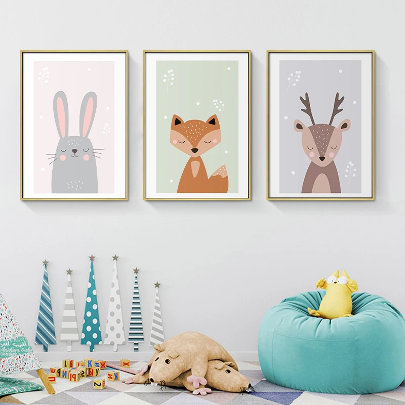 Forest Animals Set of 4pcs Wall Art Hare Bear Deer Fox Posters and Prints Art for Kid Room Baby Décor Kids Wall Art Animals