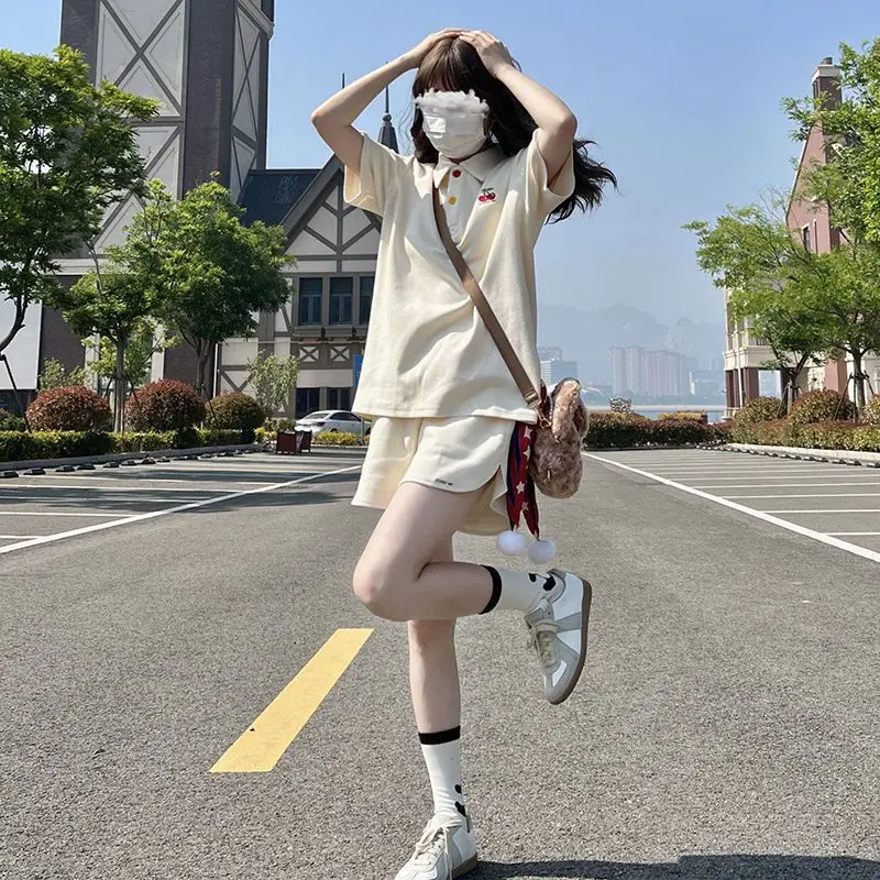 Summer new Japanese style loose polo_neck short sleeves T-shirt+wide leg shorts Youth Campus Style two pieces set for women