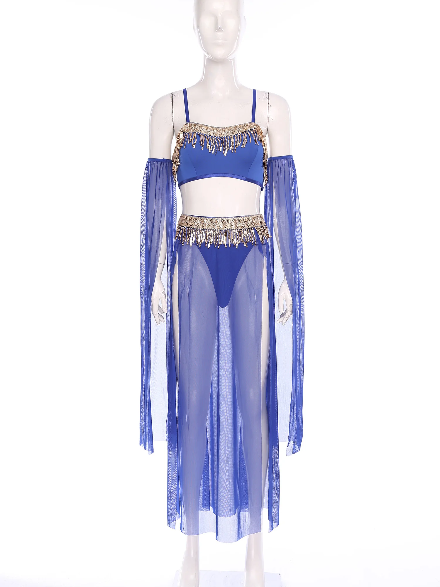 Women Sexy Belly Dance Costumes Sequin Tassel Crop Top and Slit Maxi Skirt with T-back Club Set for Pole Dance Dunhuang Dance