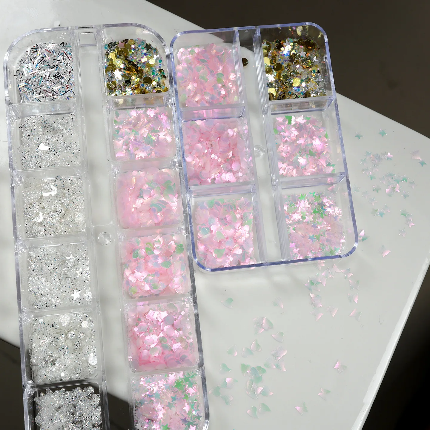 1Box Sparkly Holographic Laser White Pink Nail Glitter Sequins Mix Heart Star Butterfly Iridescent Flakes Decor Manicure Charms
