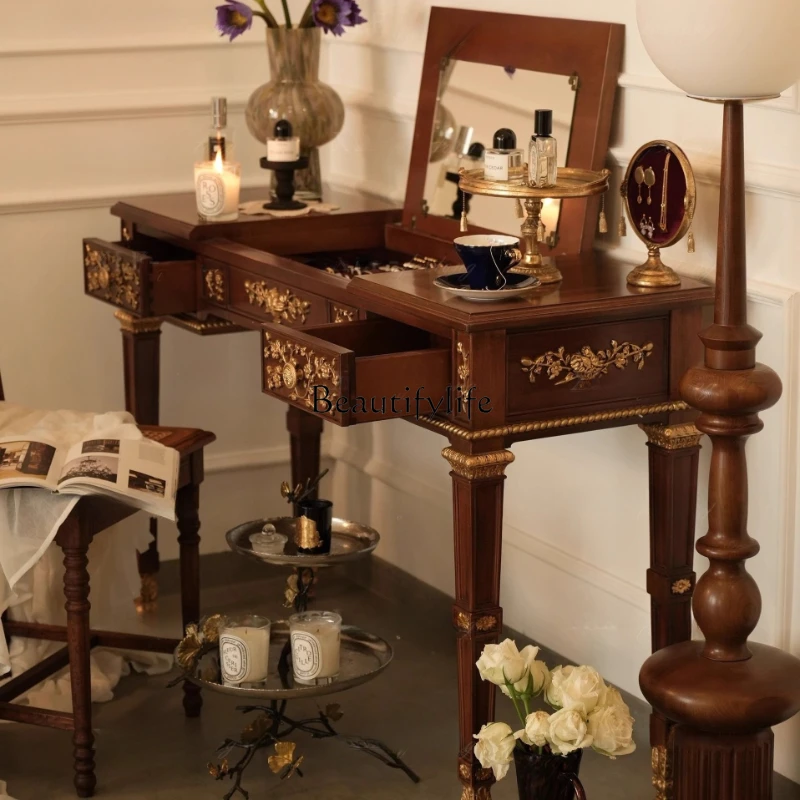05-*American dresser clamshell makeup table carved solid wood British small apartment bedroom furniture