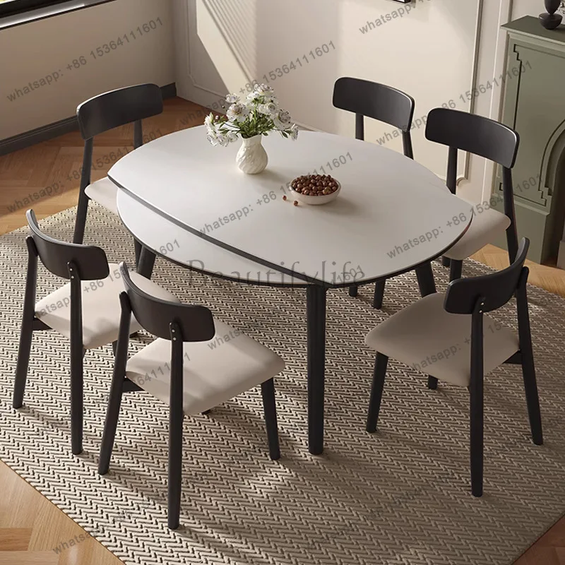 Cream wind solid wood rock slab dining table small household modern simple retractable folding round table
