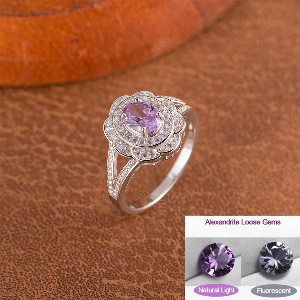 

Color Change Alexandrite Ring Genuine 925 Sterling Silver 7*5mm Created Gemstone Fine Jewelry for Women Ladies Rings Gift