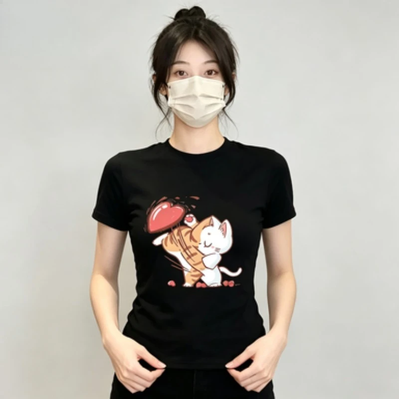 Modal Round Neck Tee Lovely White Cat Hitting Heart Graphic Print Romantic Sweet Matching‑Set Theme Casual Daily Female Short