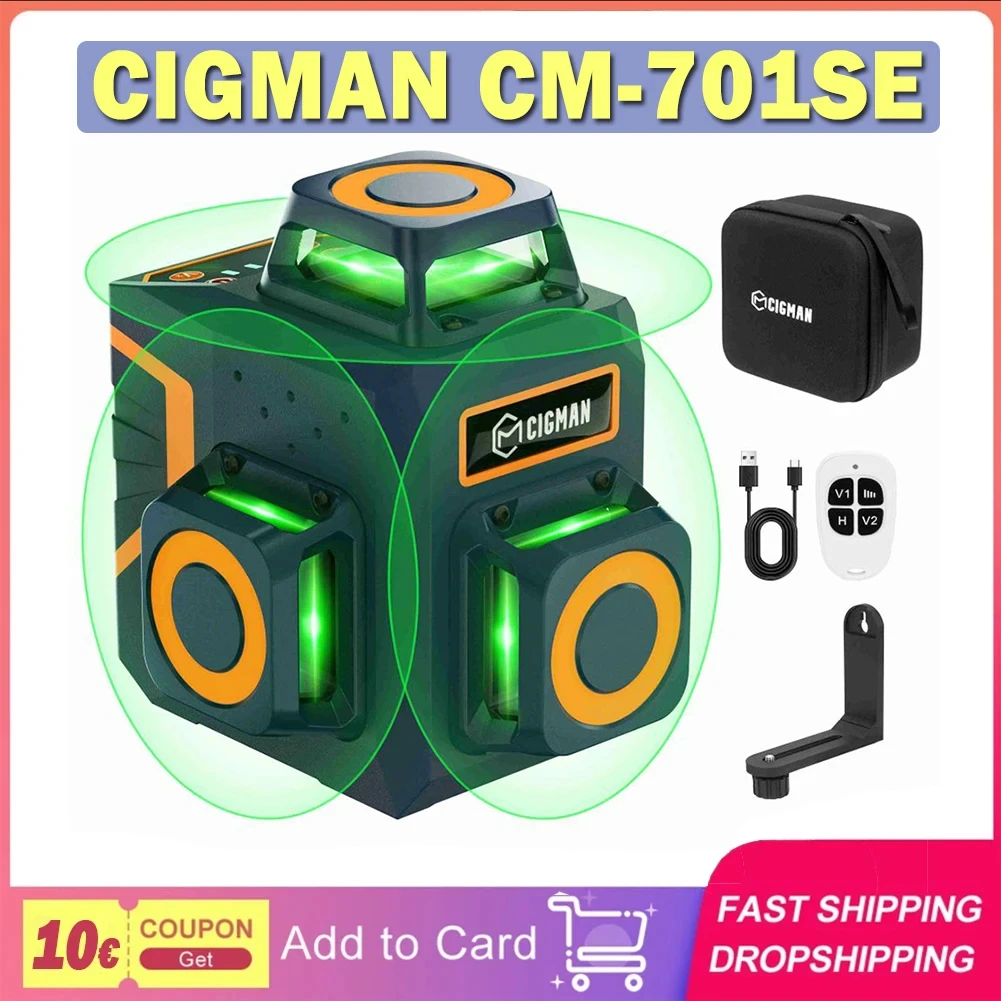 CIGMAN CM-701SE 3x360° 12 Lines Laser Level, Self Leveling 3D Green Cross Line with Remote Controller Magnetic L-Shaped Bracket