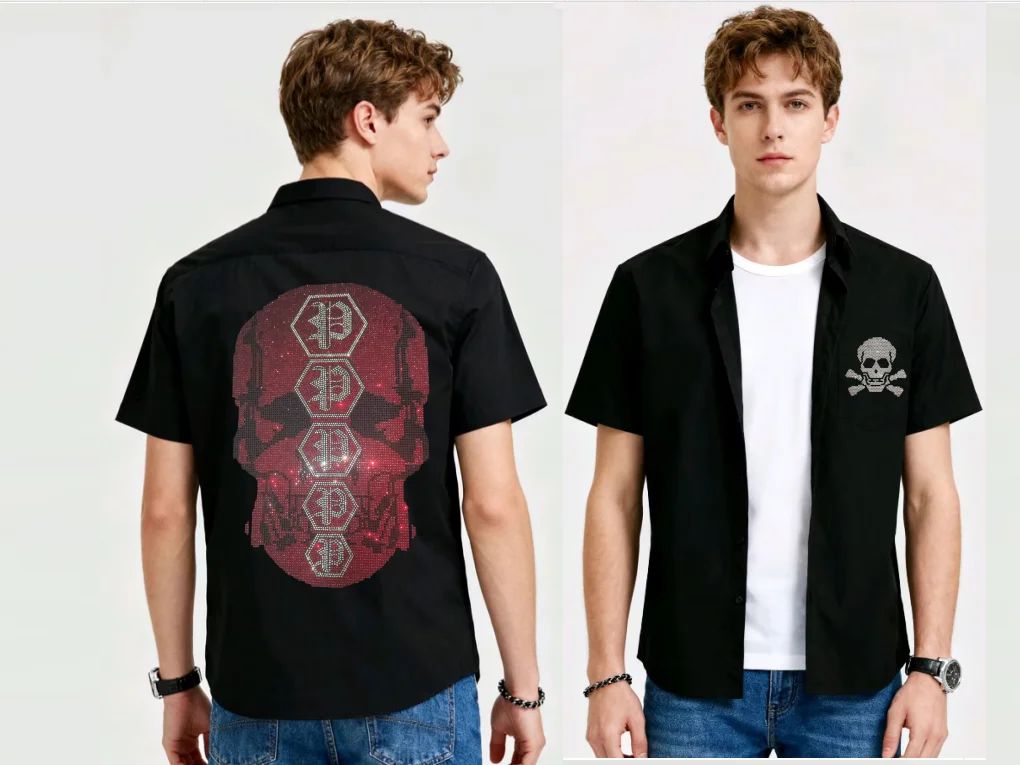 

Красивая мужская рубашка с коротким рукавом и рисунком черепа и дизайнерские приталенные мужские рубашки со стразами