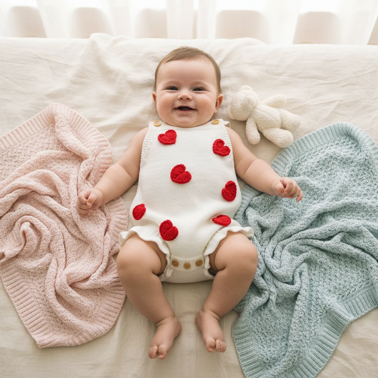 Baby Girl Valentine’s Day Romper Sleeveless Square Neck Heart Bodysuit Newborn Knit Overalls