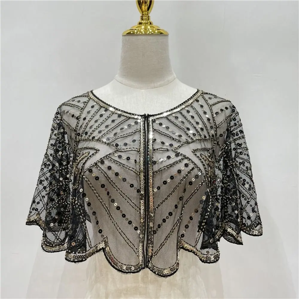 

Fashion Women Party Short Cape Beaded Decoration Black Lace Flapper Shawl