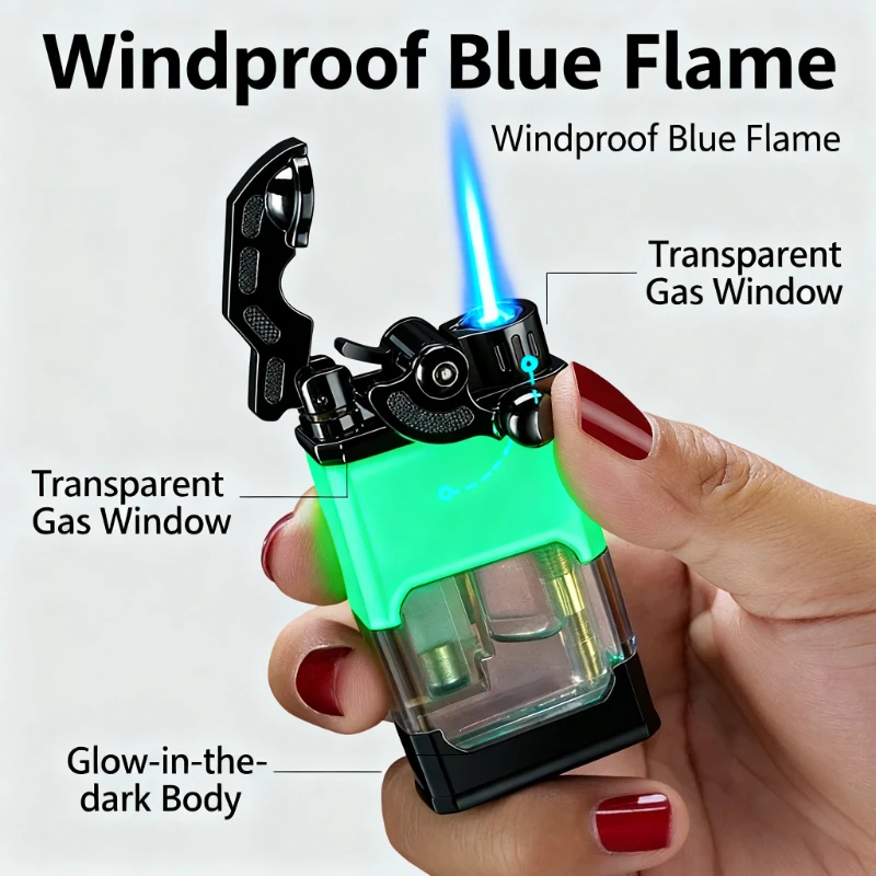 New Premium Metal Transparent Rocker Arm Cigar Lighter Luminous Windproof Jet Flame Butane Refillable Smoking Accessory Tool