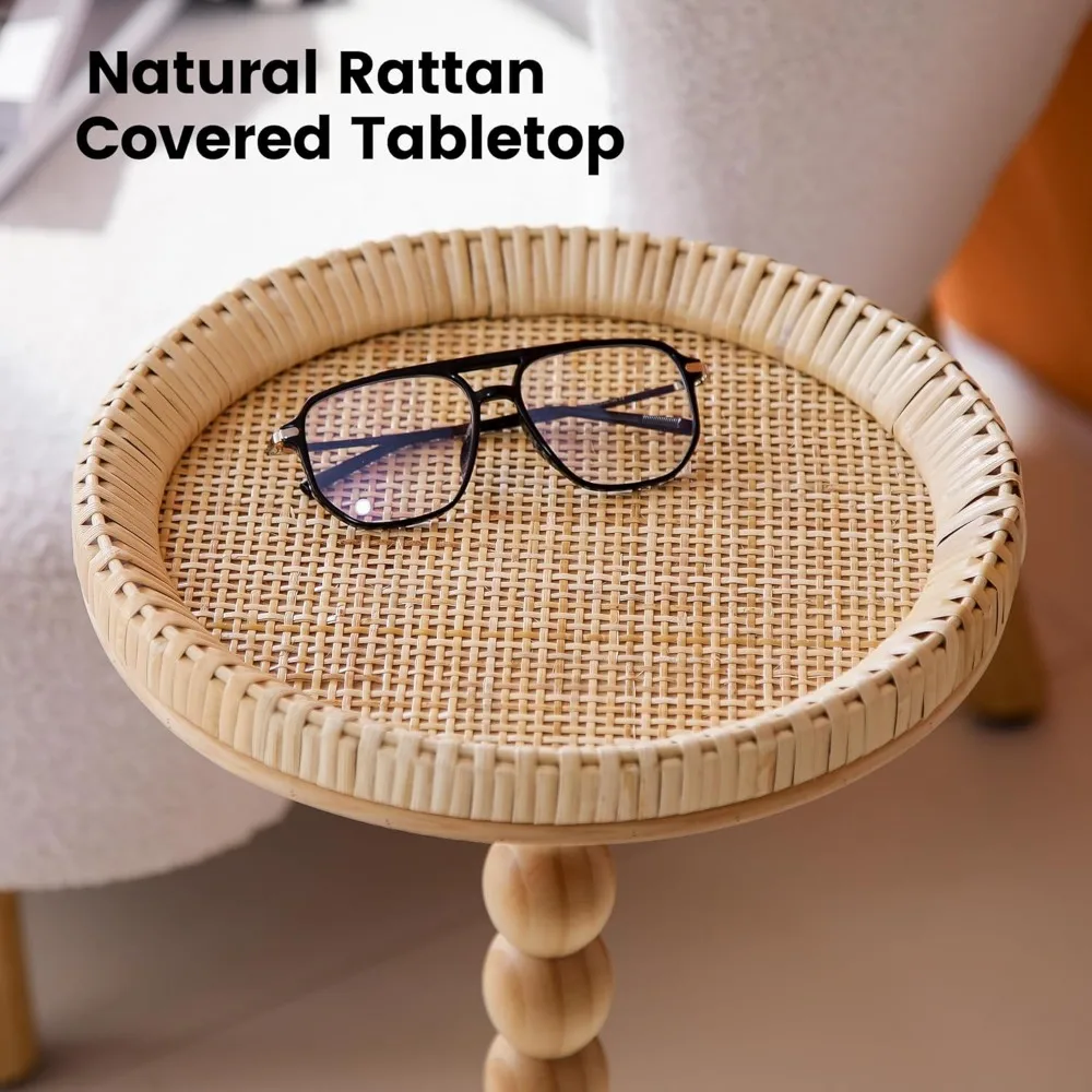 Drink Table，Rattan Round Small Side Table for Small Spaces, Boho Circle End Table Coffee Table with Solid Wood Leg for Living Ro