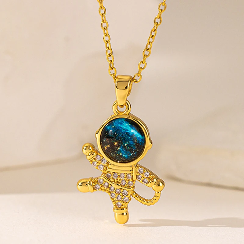 ZAKOL Spaceman Astronaut Star Necklaces For Women Girls Gold Color Planet Moon Pendant Clavicle Chain Choker Jewelry Gifts