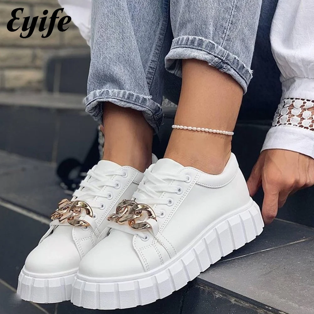 Fashion White Sneakers Women 2024 Spring New Ladies Comfy Lace Up Casual Shoes With Chain 36-43 Large-Sized Female Sport Flats