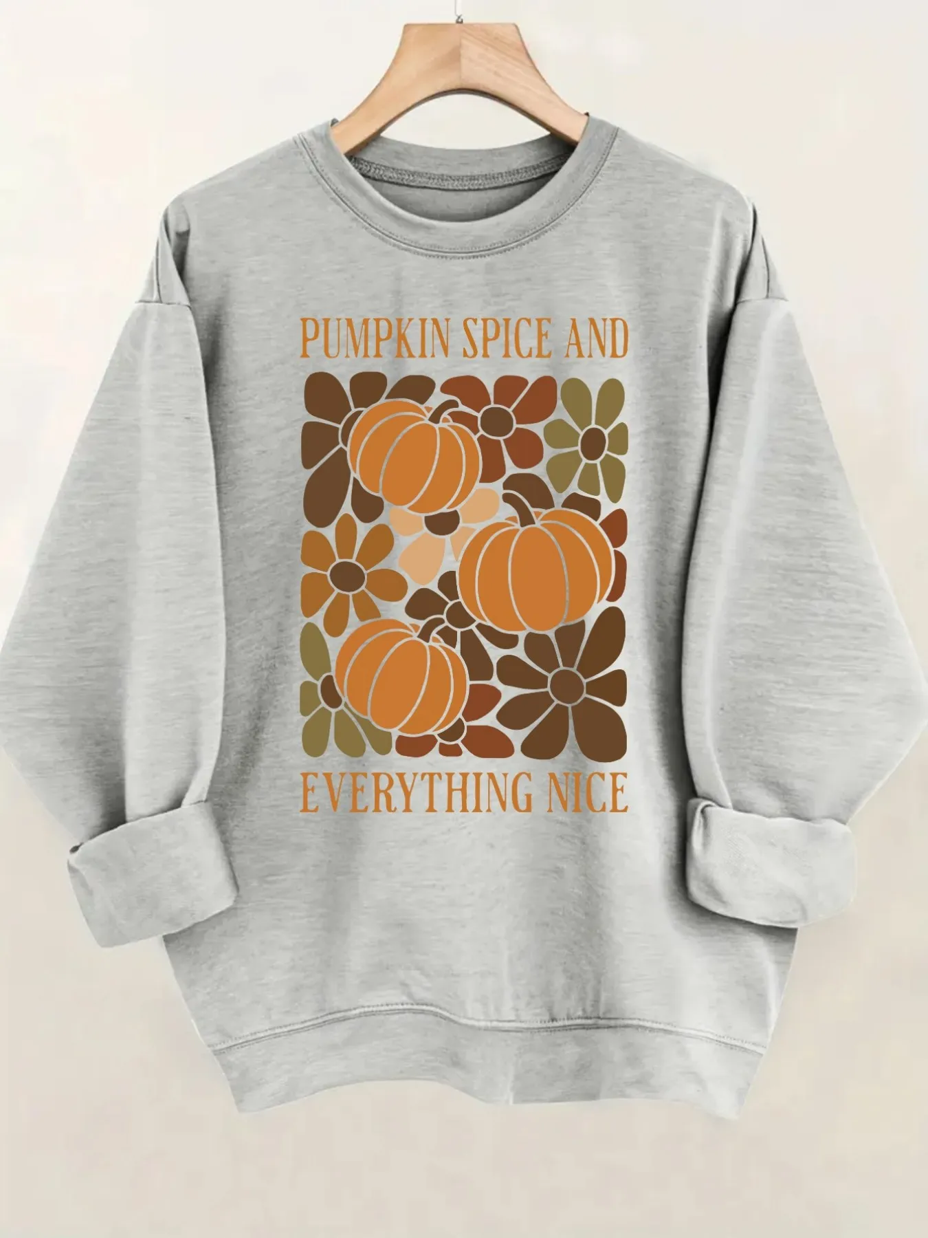 Women's Crew Neck Pullover Sweatshirt Pumpkin Spice Floral Design, Soft Casual Long Sleeve, Daily Casual Top Outfit, Winter Women's Clothing, Thanksgiving Outfit view 4