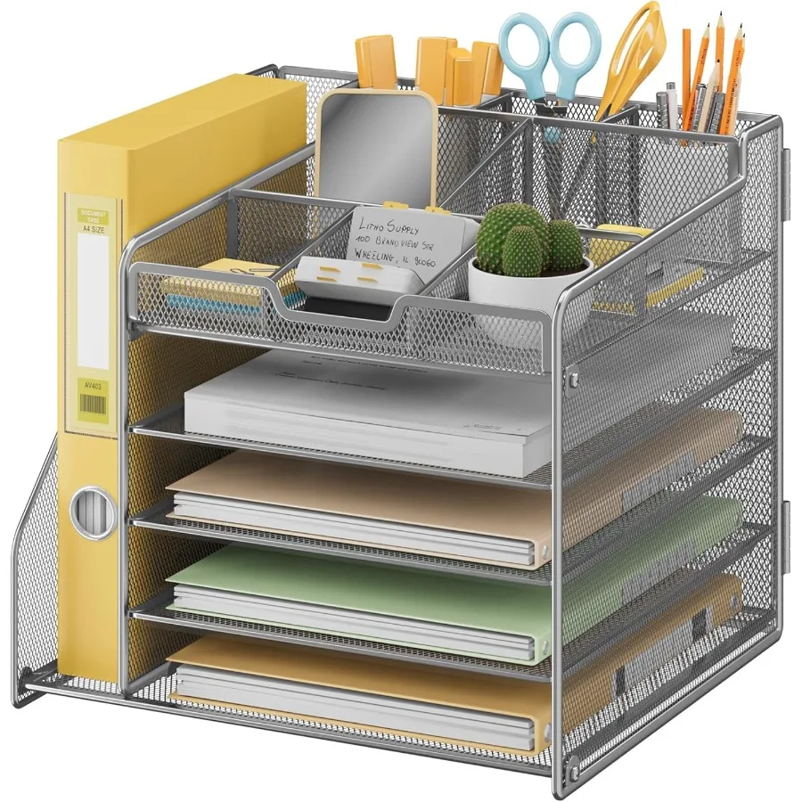 Lavatino 5-Tier Metal Mesh Desk Organizer with File Holder and 7 Customizable Compartments for Office or Home Desk Storage Keep