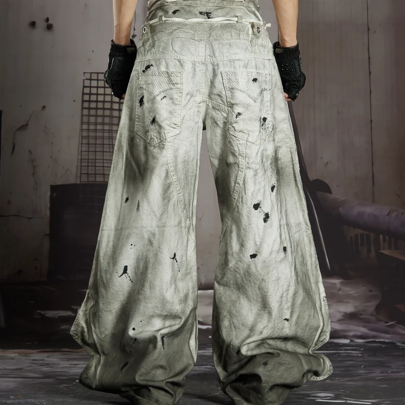 MWJLPWQ Vintage Splash Ink Mesh Patch Rip Wide Leg Jean Double Drawstring High Waist Men Grunge Street Casual Bottom Fit 16938